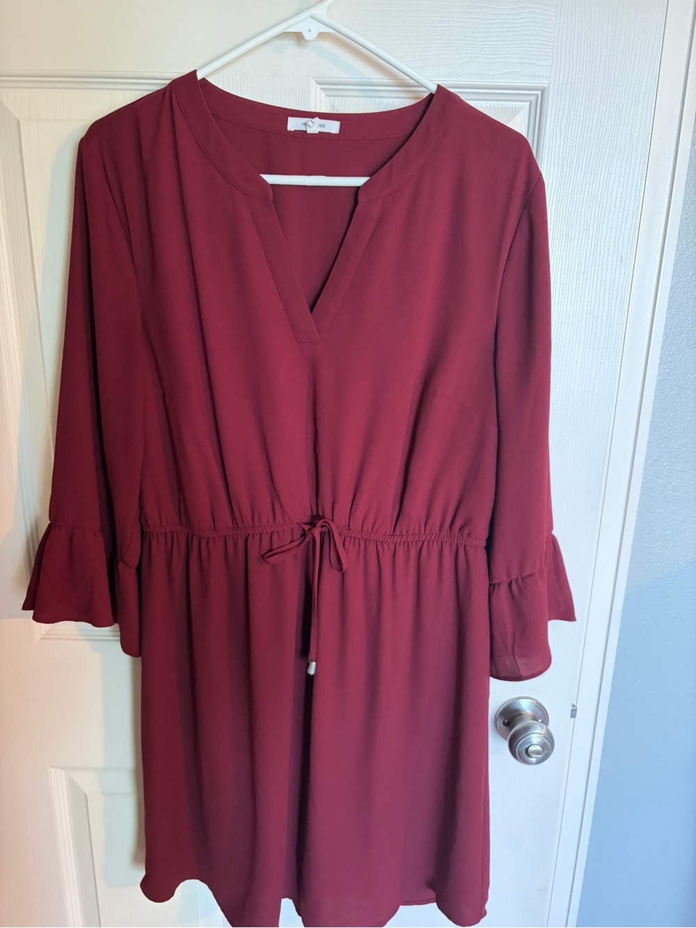 Maurices Burgundy V-Neck Drawstring Waist Long Sleeve Dress